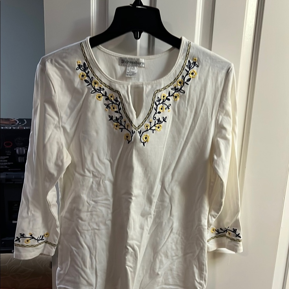 Dress Barn White Blouse with Blue and Yellow Embroidery